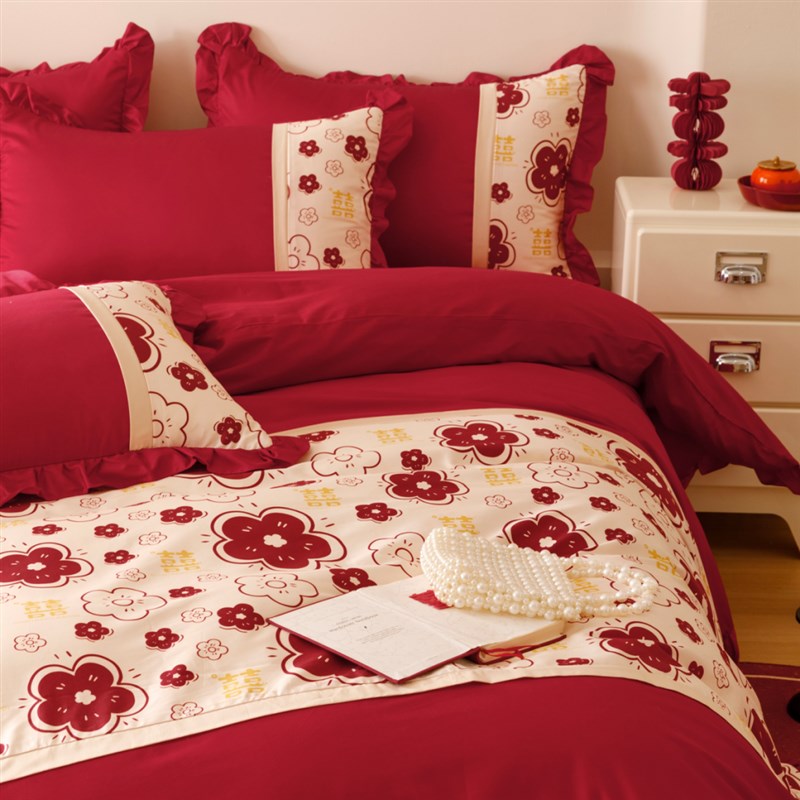 法式浪漫100S长绒棉全棉新婚庆四件组纯棉荷叶边被套结婚床上用品