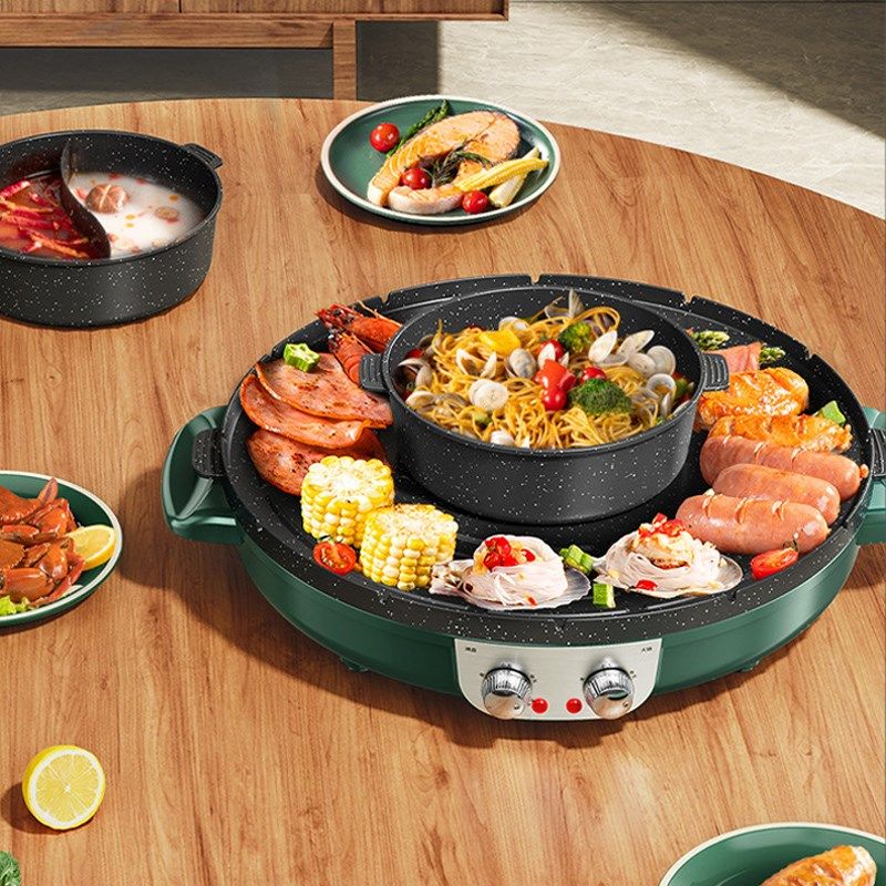 煎烤涮一体锅家用多功能电烤盘火锅鸳鸯锅料理锅烧烤架可拆卸铁板