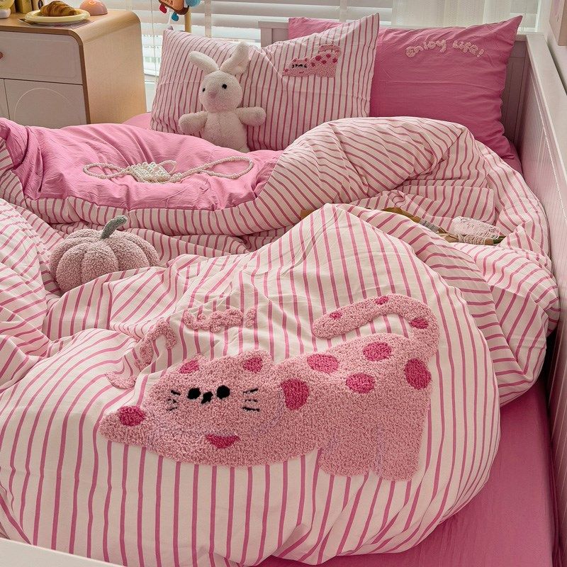 月亮睡了波点猫!卡通毛巾绣水洗四件套宿舍少女床单被套卧室床品