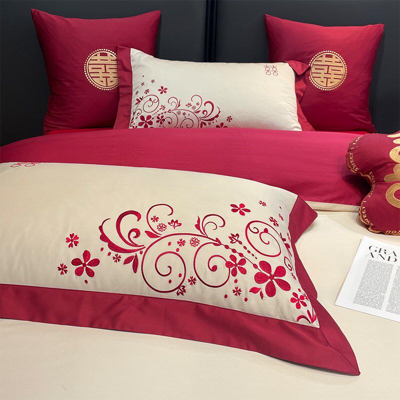 高级感160支长绒棉结婚四件套红色婚庆被套纯棉床单喜被床上用品4