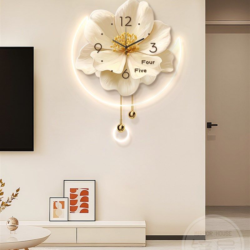 奶油风电视背景墙装饰画花卉钟表客厅挂钟壁灯高级感餐厅挂画时钟