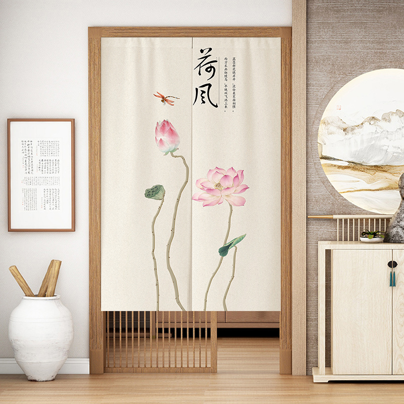 中式隔断帘荷花门帘入户玄关莲花短帘厨房卫生间布帘厕所遮挡半帘
