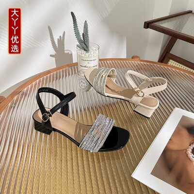 宽胖脚肥大码女g鞋41-43优选夏季新品水钻时尚粗跟一字凉鞋25-311