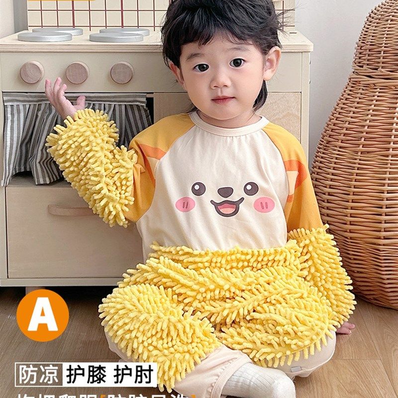黄色宝宝爬爬服婴幼儿防脏连体罩衣护膝拖把服长袖户外爬行服秋季