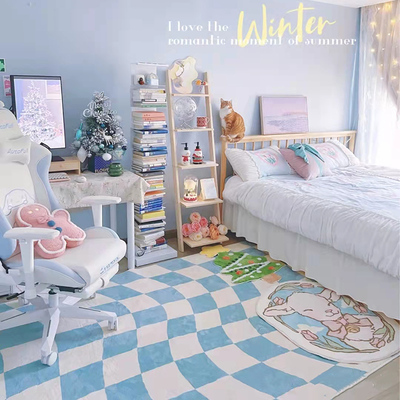 TipToe扭糖奶油 地毯卧室棋盘格子少女ins风客厅橘蓝紫色床边地垫