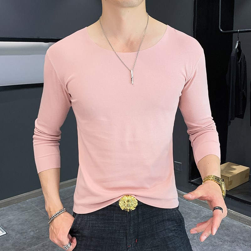 男士长袖T恤丝光棉V领白色紧身薄款T恤衫低领内搭衣秋衣