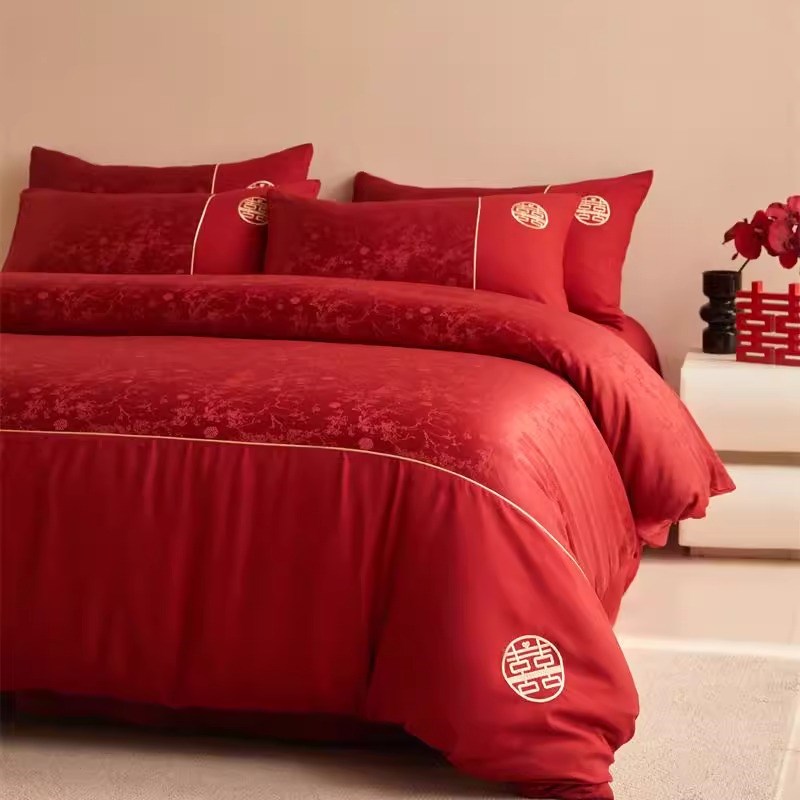 高档中式提花结婚四件套大红色新婚被套纯棉婚庆床上用品婚房陪嫁
