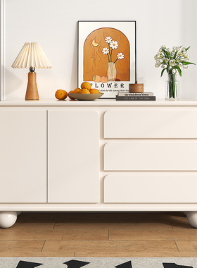 奶油风烤漆实木餐边柜o家用柜子客厅边柜茶水柜厨房储物柜一体靠