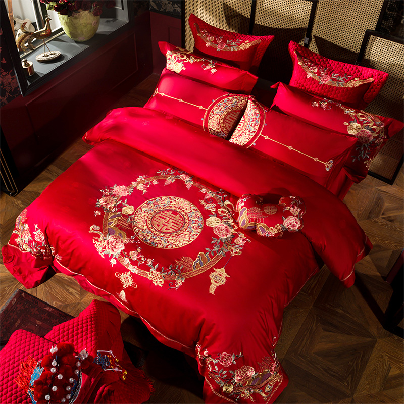 婚庆结婚四件套大红刺绣喜庆纯棉新婚被套高档大气床上用品十件套