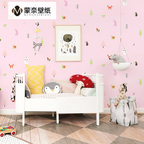 卡通动物无纺布儿童房壁纸女孩卧室男孩房间儿童粉色墙纸  公主粉