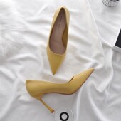 气质女神范秋天ins仙网红浅口尖头单鞋 黄色高跟a鞋 女2021年新款