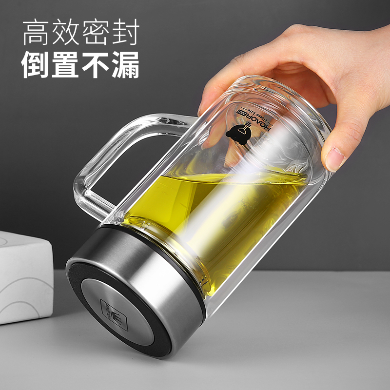 玻璃杯双层带把泡茶带盖家用水杯手柄茶杯办公室带把手杯子过滤网