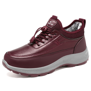 双星冬季老人鞋女款皮面加绒防滑保暖棉鞋中老年健步鞋妈妈雪地靴