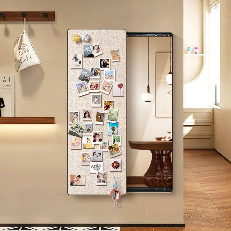 2025新款全身镜隐藏式diy毛毡板照片墙中古风玄关推拉隐身镜子画