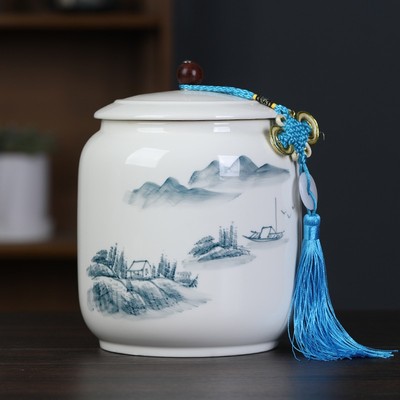 手绘大号茶叶罐陶瓷礼盒装布袋密封罐瓷普洱储存空罐醒茶罐家用罐