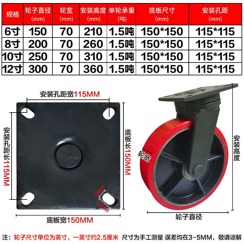 超重型铁芯聚氨酯万向轮6/8/10/12寸载重型PU刹车设备轮子四轮4吨