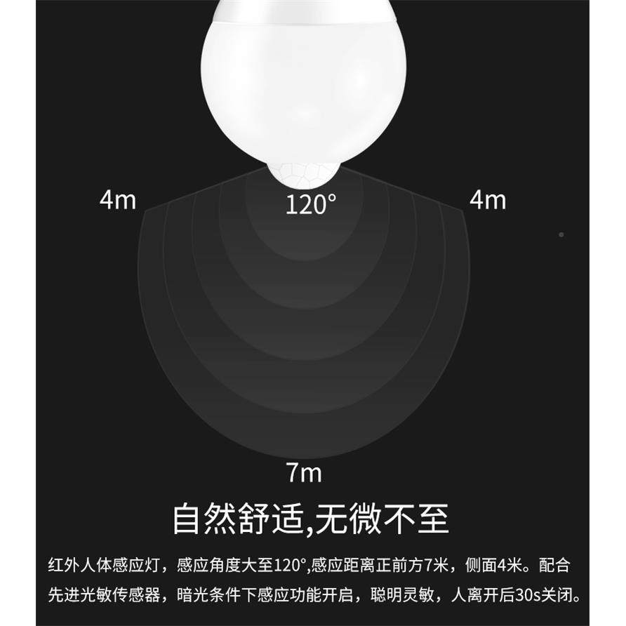 L楼ED球泡灯智能运红外人体动感感应灯泡PIR光感ME514塑包铝道过
