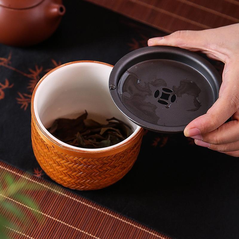 篾编圆柱陶瓷水盂号水YJMZ-051壶承干泡台茶承中储式复古碗小紫砂