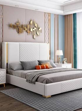 现代简约轻奢皮艺床.米主实木靠双人床欧式垫软卧背HZF包床双人床