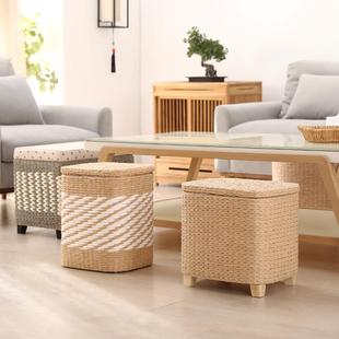 4实IVO藤编多功能木收纳凳子客厅可织坐443门储物编小矮凳家用口