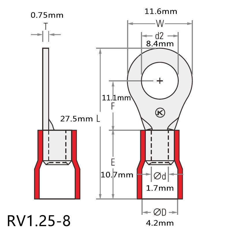 RV1.258紫铜圆绝缘地-UDK线端子冷压端M8线鼻头子电源快接插形端
