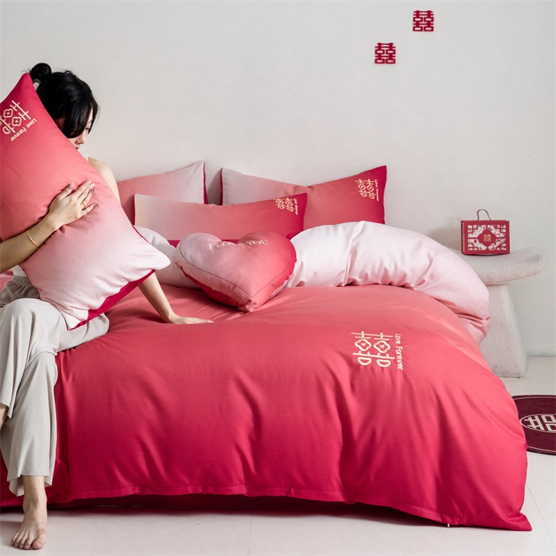 高级感新婚礼四件套渐变红色结婚床上用品喜被送新人礼物被套床单