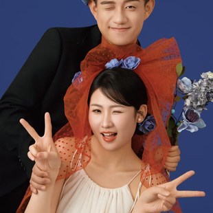 大红色蓬蓬抓泡头纱鬼马女孩凹造型头纱影楼拍照道具(无蓝色花朵)