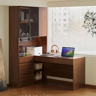 定制橡木书桌书柜一体靠墙转角儿童写字桌实木玻璃V书架学习电脑