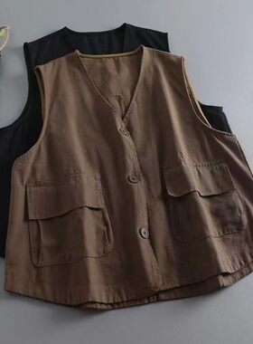 300斤大码情侣装简约V领双口袋工装马甲男女夏季宽松百搭无袖坎肩