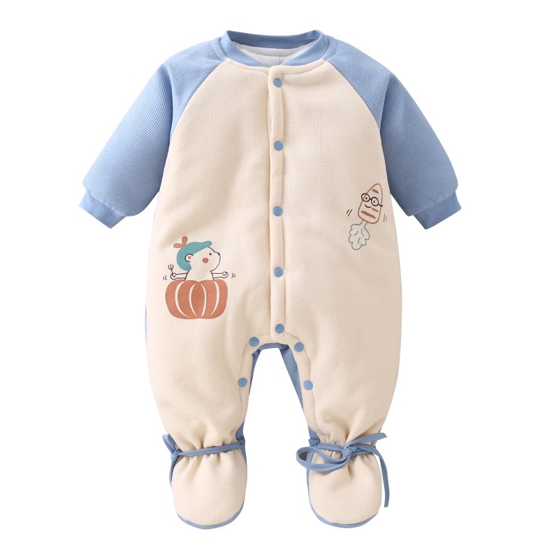 新生婴儿包脚连体棉衣秋冬男女宝宝纯棉厚棉袄按扣连袜棉服0-1岁