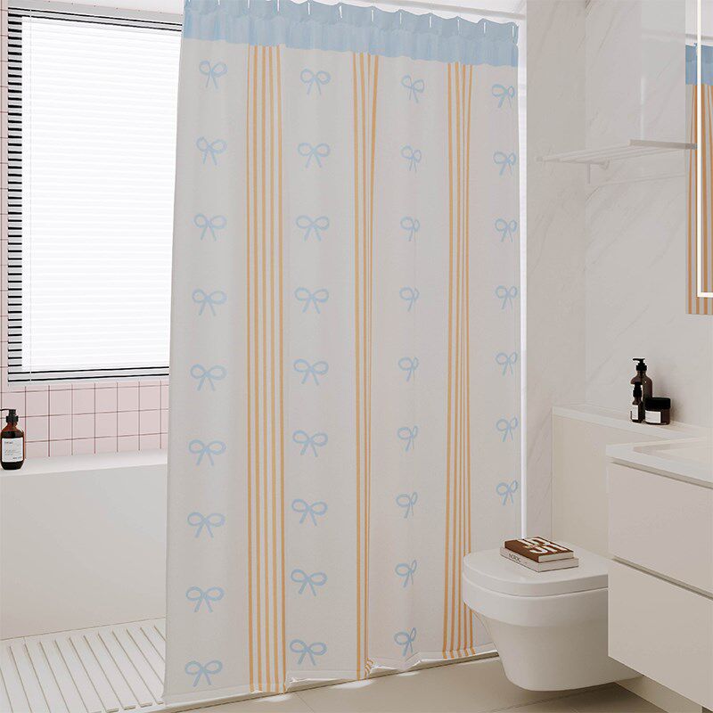 粉绿蝴蝶结浴帘防水防霉套装免打孔洗澡浴室淋浴卫生间隔断门帘布