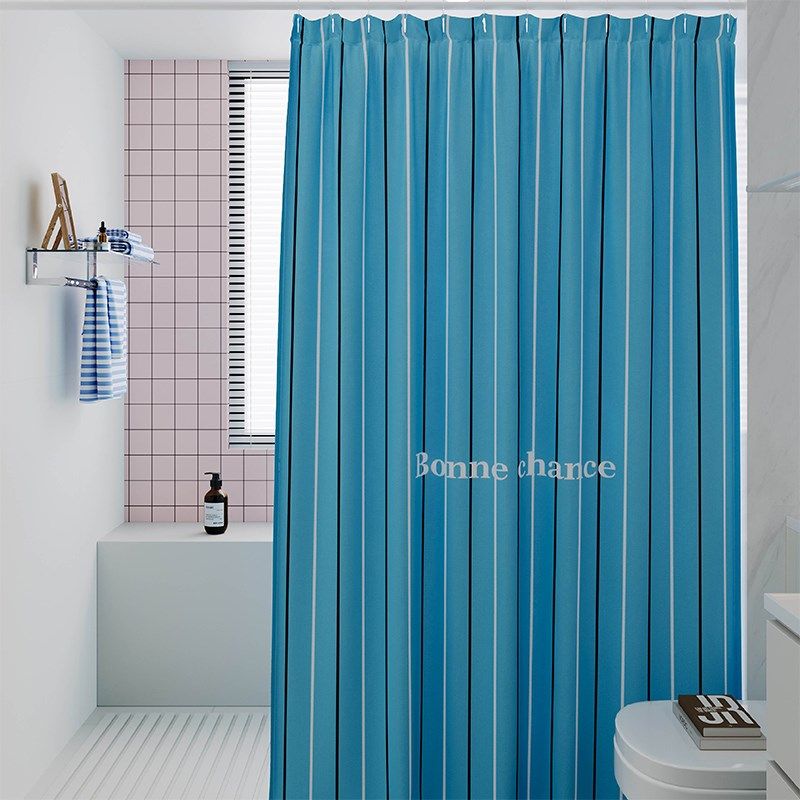 条纹纯色浴帘防水防霉套装免打孔洗澡浴室卫生间隔断门帘布淋浴间