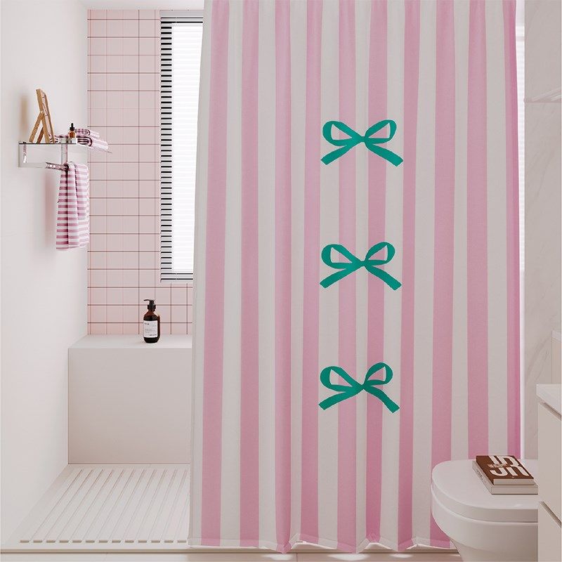 蓝色蝴蝶结浴帘防水防霉套装免打孔浴室洗澡淋浴卫生间隔断门帘布