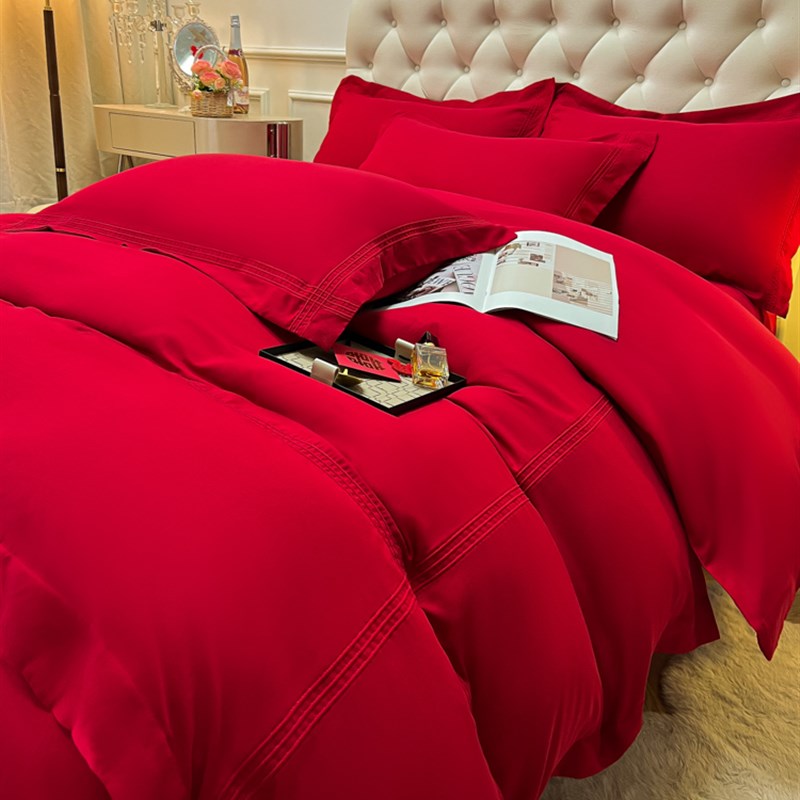 简约结婚铺床上用品100亲肤磨毛秋冬酒红色床单款四件套婚庆纯色4