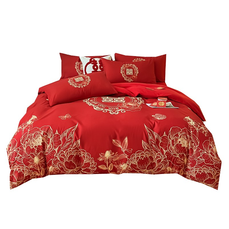 婚庆四件套纯棉大红色高级感被套床单全棉新婚房喜被结婚床上用品