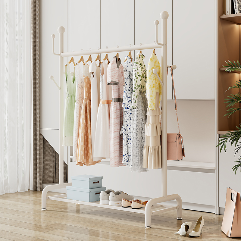 衣架落地式折叠单杆晾衣架卧室内小型挂衣架客厅奶油白简易衣帽间