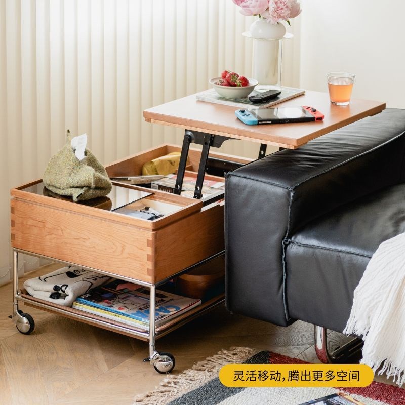 二黑木作 登登茶几 移动升降边几小推车置物架实木客厅收纳茶桌