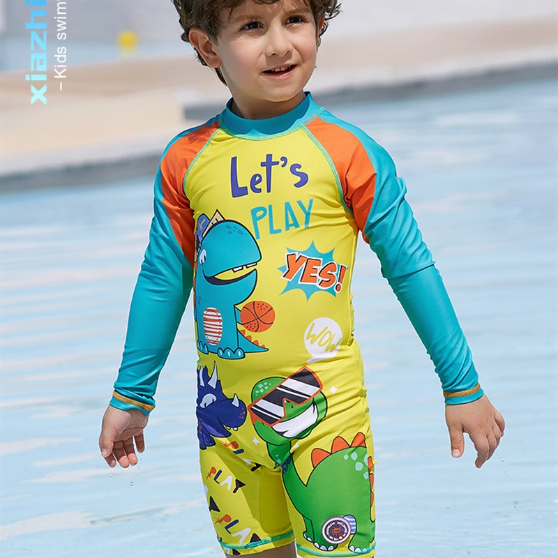韩国帅气儿童泳衣防晒长袖男童恐龙连体游泳衣中小童宝宝冲浪服潮