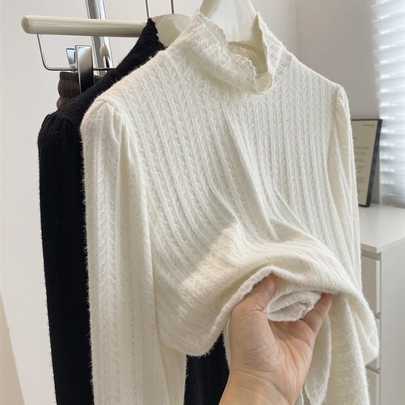 气质半高领打底衫女!秋冬洋派花边领内搭显瘦泡泡长袖蕾丝衫米杏,女装/女士精品,毛针织衫,淘宝优惠券,粉丝福利购,淘宝优惠卷