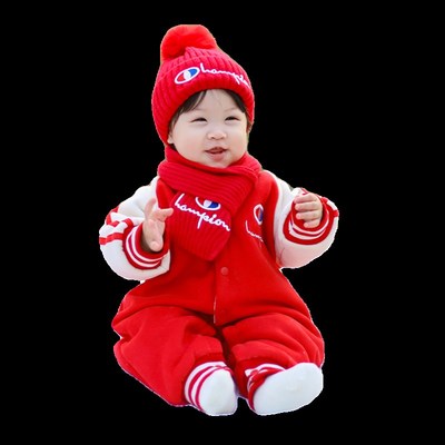 婴儿冬装6-12月加绒加厚连体衣女新年红色外出哈衣男宝2024拜年服