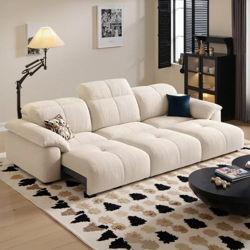 电动多功能沙发床客厅猫爪磨砂布奶油风小户型可伸缩直排布艺沙发