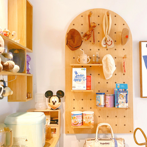 弧形洞洞板置物架实木定制墙上书架入户玄关收纳墙隔板挂板展示架