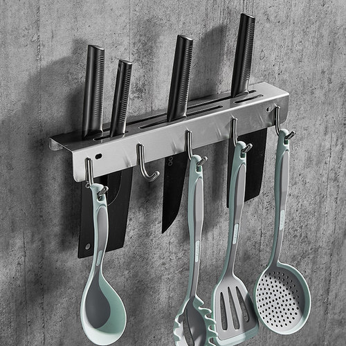 304不锈钢厨房菜刀置物架 壁挂式收纳架抹布挂杆排钩家用刀架打孔