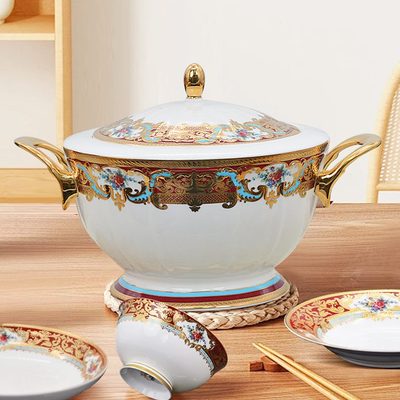 盘子轻奢中式乔迁感会所酒店家用浮雕送礼金饭碗骨瓷高级餐具套装