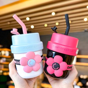 保温杯女款小巧便携花朵吸管杯办公咖啡杯学生高颜值网红喝水杯子