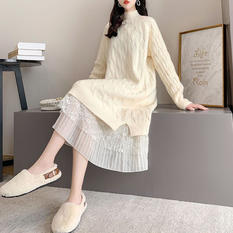 半高领毛衣裙女秋冬中长款过膝宽松外穿蕾丝拼接韩版麻花打底内搭