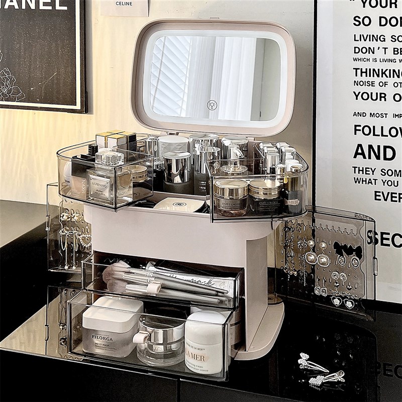 化妆镜台式led灯桌面带灯补光梳妆镜化妆品防尘收纳盒一体置物架