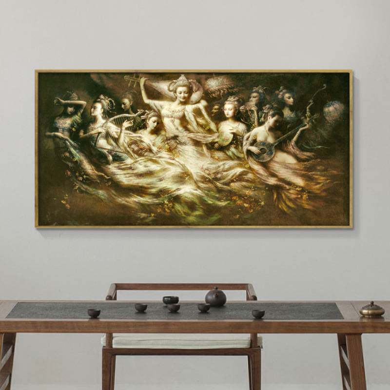 新中式古典飞天仙女客厅玄关装饰画敦煌石窟壁画酒店大厅油画酒店