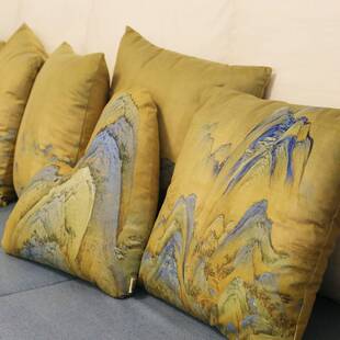 。。新中式办公室椅子靠垫山形山水画靠山抱枕千里江山靠枕靠背罗