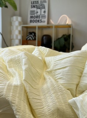 ins奶黄色泡泡纱仙女韩式少女心公主风床上四件套全棉纯棉1.5m米